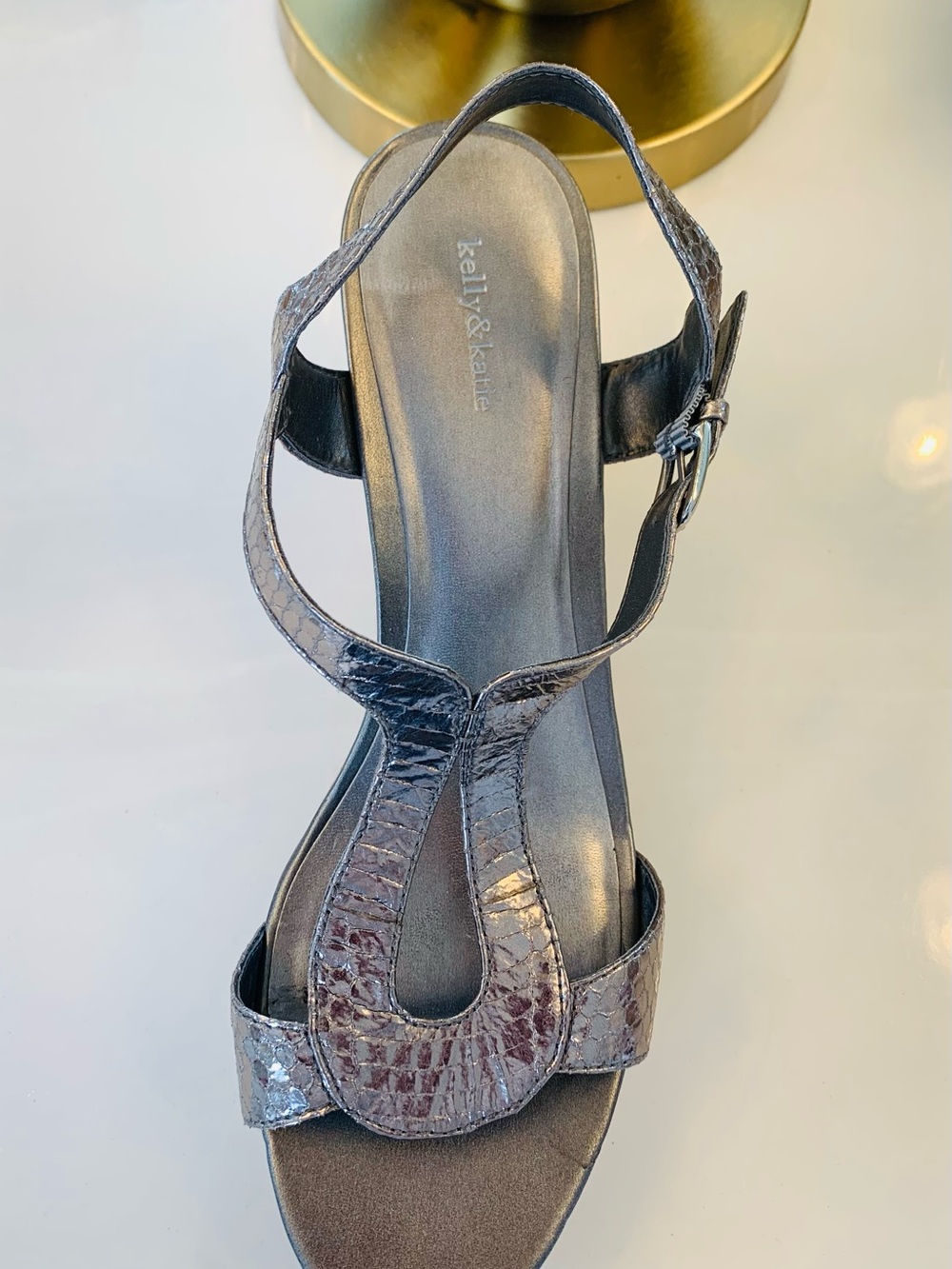 Kelly & Katie Metallic Silver Croc-Embossed T-Strap Slingback Sandal